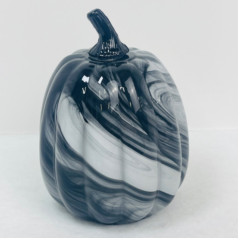 Unbranded Glass Pumpkin Figurine Black White Marbled Swirl Fall Decor Excellent